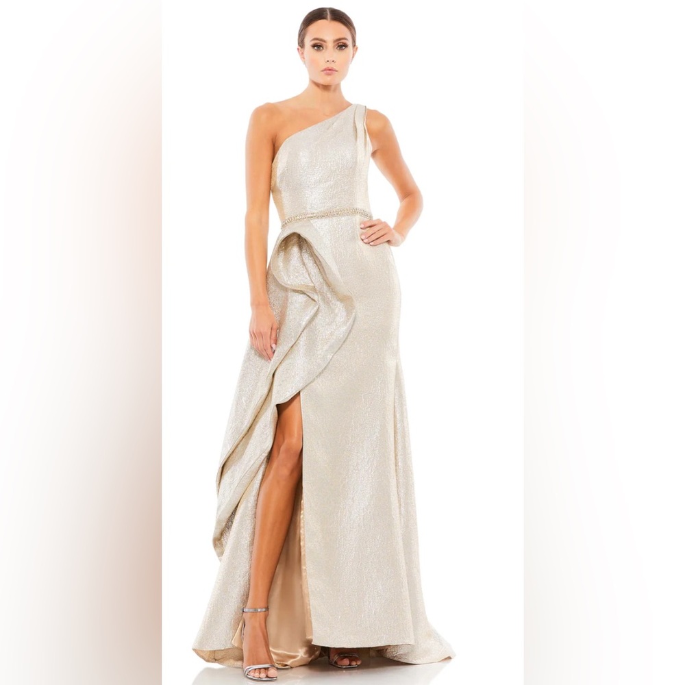 Mac Duggal one shoulder metallic ruffled evening gown formal dress gold size 6